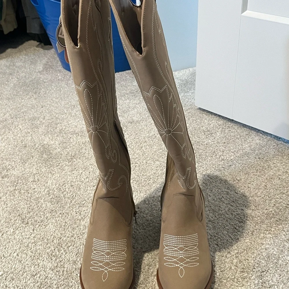 Women's Tan Embroidered Western Knee-High Boots - Picture 1 of 3